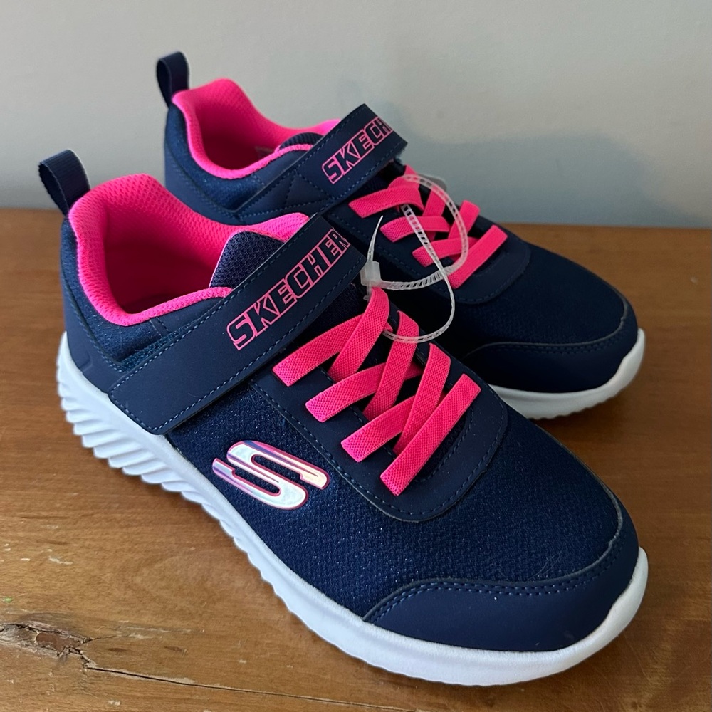 Skechers Big Girls Navy Blue / Pink Running Sneakers Adjustable Straps Size 3